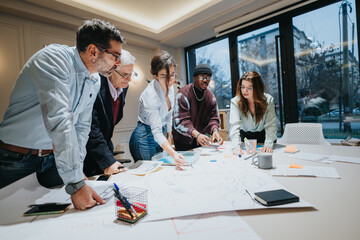 Multigenerational group of focused business associates brainstorming over documents in a bright office setting, exemplifying teamwork and collaboration.