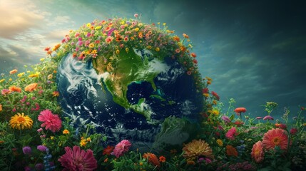 Realistic photo concept of Earth showcasing continents covered in vibrant flowers, each continent representing diverse floral landscapes, depicting the beauty of our planet's biodiversity