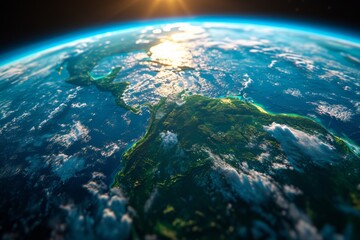 Realistic photo concept of Earth, showcasing its continents and oceans from a birds-eye view 