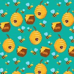 Vector image of honey, beehive and bees. Healthy and delicious natural honey. A pattern for printing and printing on paper and textiles.