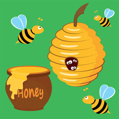 Vector image of honey, beehive and bees. Healthy and delicious natural honey. A pattern for printing and printing on paper and textiles.