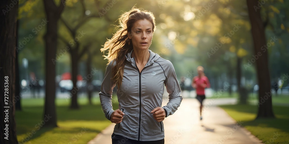 Wall mural Young runner exercising in the morning, healthy lifestyle concept.