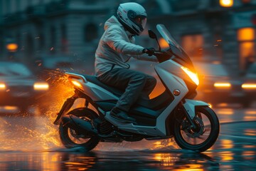 A lone figure braves the wet night, their motorcycle's tire gripping the slick street as they don their protective clothing and helmet, the powerful machine propelling them forward through the storm