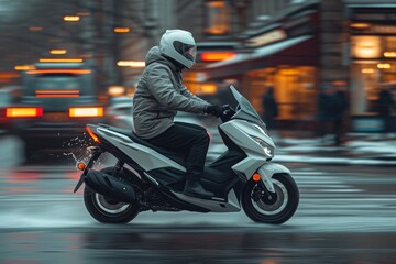 A man in a sleek motorcycle helmet rides his motorbike through the bustling city streets at night, his clothing flapping in the wind as he navigates between buildings and cars with ease