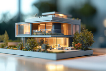 Miniature model home surrounded by greenery on display. Architecture and design.