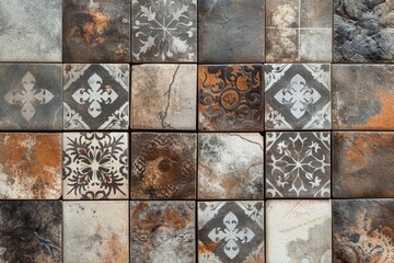 Antique mosaic tiles create textured wall background.