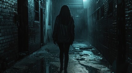 Mysterious girl walking alone along a dark alley AI generated image - obrazy, fototapety, plakaty