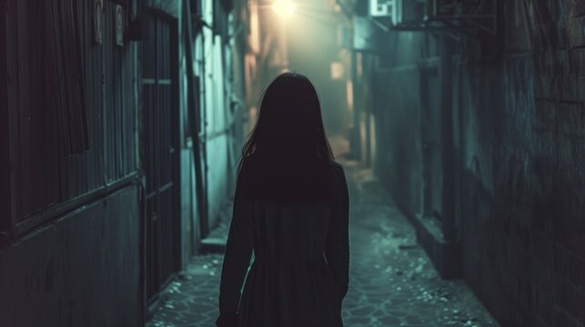 Mysterious girl walking alone along a dark alley AI generated image