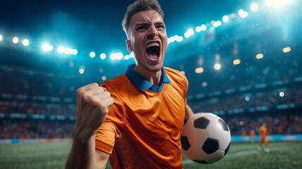 excited soccer player in an orange jersey is holding a soccer ball, celebrating with a stadium in the background