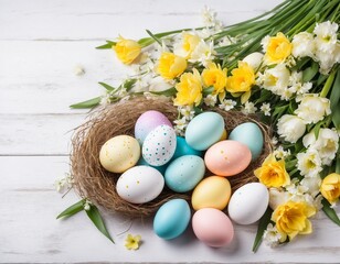 Wooden table with easter eggs and blurred spring meadow background