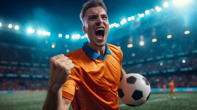 excited soccer player in an orange jersey is holding a soccer ball, celebrating with a stadium in the background
