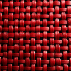 Close-up of a woven red fabric showing detailed texture and interlaced threads