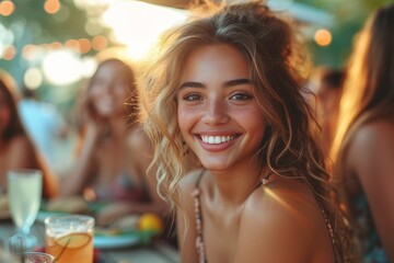 Fototapeta premium A joyous woman happily poses for the camera, radiating warmth and contentment as she enjoys a refreshing beer in the great outdoors