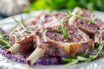 Fresh Raw Lamb Chops with Herbs on Plate, Gourmet Meal Preparation
