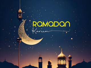 Obraz na płótnie Canvas Ramadan Kareem-themed illustration background. Lanterns stands- in the desert at night sky, lantern Islamic Mosque.