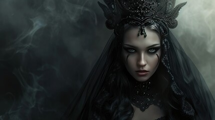 Beautiful female character in gothic black dress with evil concept AI generated image - obrazy, fototapety, plakaty