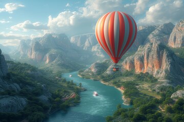 Drifting through the sky, a colorful hot air balloon provides a peaceful and breathtaking view of the river below, surrounded by majestic mountains and fluffy clouds