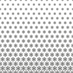 Snowflake seamless pattern. Repeating black fading snowflakes isolated on white background. Repeated fadew halftone texture. Gradation faded prints. Repeat lattice. Fades degrade. Vector illustration