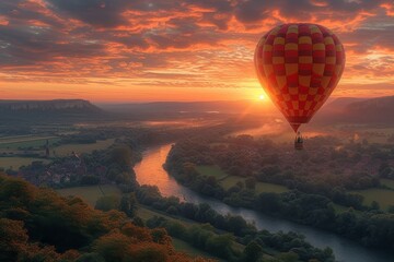 A majestic hot air balloon drifts gracefully over a serene river, with the vibrant sky as its backdrop, showcasing the perfect blend of adventure and tranquility
