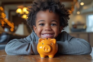 A young child's beaming smile radiates joy as they hold a piggy bank, symbolizing the innocence and wonder of youth and the importance of saving for the future - obrazy, fototapety, plakaty
