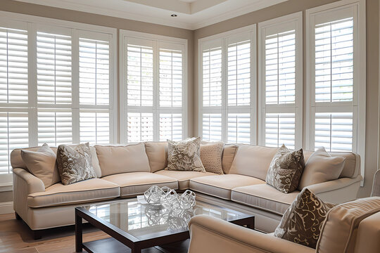 Plantation shutters, classic and versatile window treatments, feature adjustable louvers mounted on a solid frame, providing an elegant and functional solution that allows for precise control of light