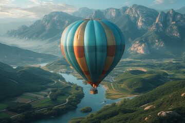 A majestic aerostat glides gracefully over the river, offering a breathtaking view of the mountainous landscape and the endless sky for thrill-seeking air sports enthusiasts