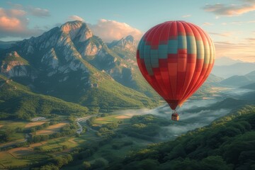 A vibrant red hot air balloon soars above a picturesque valley, surrounded by majestic mountains and fluffy clouds, evoking feelings of adventure and freedom in the open sky