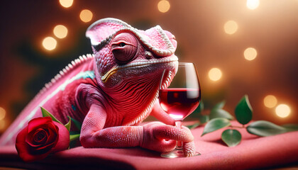 Pink chameleon having wine at dine 