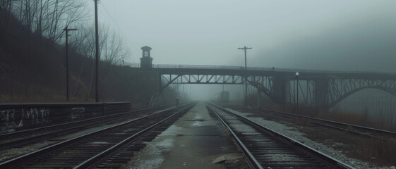 Moody railroad under a foggy bridge, an atmospheric scene of travel and transition