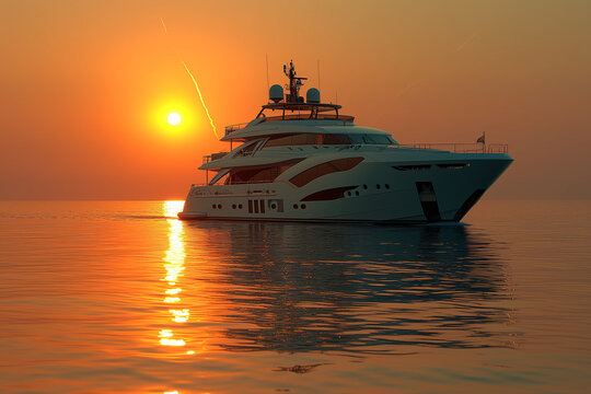 Luxury yacht in the Mediterranean Sea at sunset in summer. Image of luxury tourism