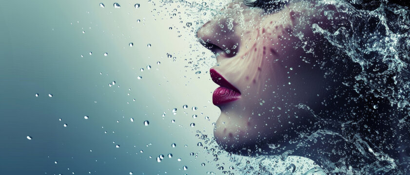 Woman's face blending with splashing water, an artistic fusion of human and element