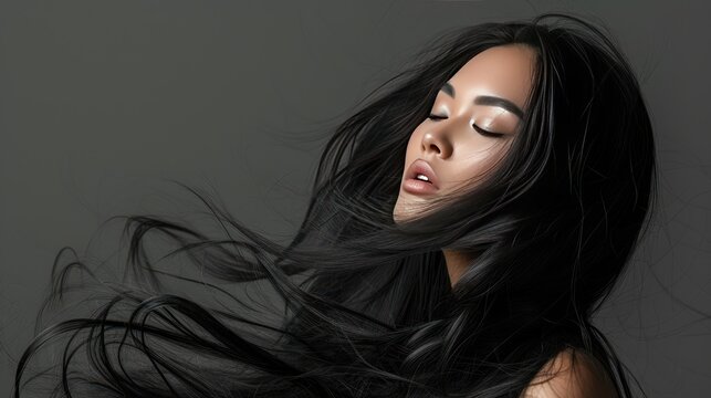 Beautiful female model with long, flowing black hair AI generated image