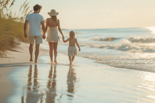 Family strolling along the shore of a beach at sunset in summer. Family vacation image
