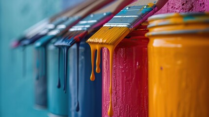 cans of colored paint with drip brushes