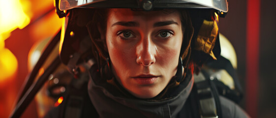 Firefighter with a resolute expression, embodying bravery and readiness in the face of danger