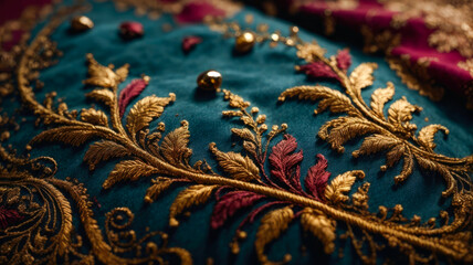 background of blue raw canvas fabric with golden embroidered arabesques folded into sinuous curves...