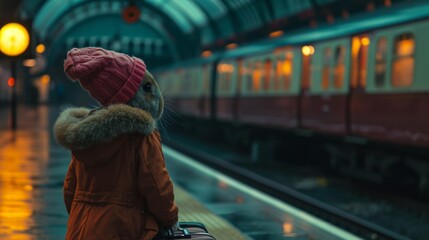 Fototapeta na wymiar Bunny traveling. At Railway Station. AI Generative