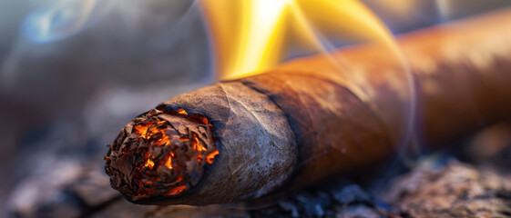 A lit cigar resting, a classic symbol of contemplation and the luxury of time
