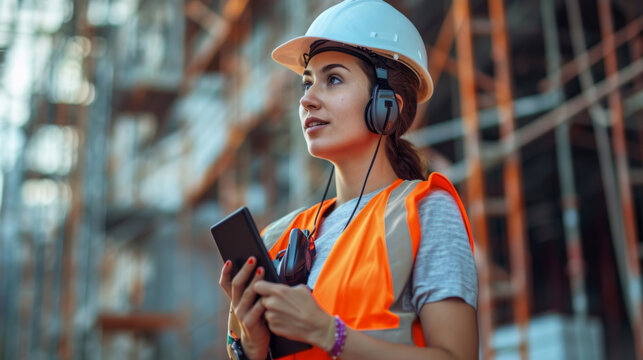 young woman wearing a safety helmet and reflective vest is holding a tablet and looking up