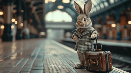 Bunny traveling. At Railway Station. AI Generative - obrazy, fototapety, plakaty