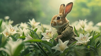 Bunny Rabbit in flower Field searching for Easter Eggs. AI Generative