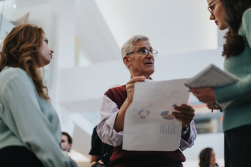 Engaged senior professional discussing business trends with female colleagues, holding data charts...