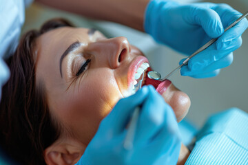 Fototapeta premium Dentist performing routine checkup on female patient. Dental care and hygiene