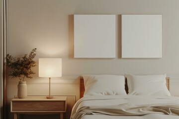Cozy Bedroom Interior with Blank Wall Art Displaying 2 Rectangular Blank Canvases, Home Decor Concept & Canvas Mockup