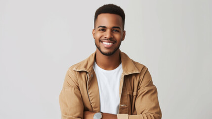 Obraz premium smiling young man with short hair is casually leaning against a grey wall, with his arms crossed, wearing a white t-shirt and a light brown jacket