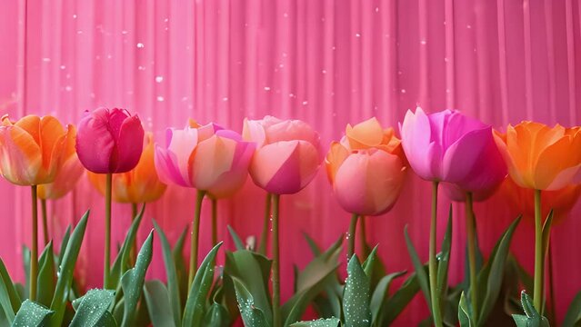 Pink and orange tulips on pink pastel background. Happy easter or spring background design Spring flowers copy space 4k mp4 Space for text beauty
