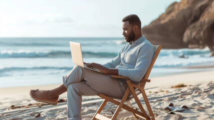 man sitting on a beach chair using a laptop by the sea