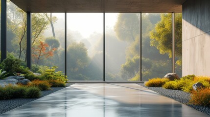 An empty concrete room with a large window against a natural background is rendered in 3D.