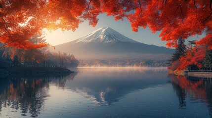 A visit to Japanese lake Kawaguchiko during the Autumn season to see Mountain Fuji and the red...