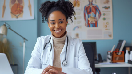 smiling female doctor with a stethoscope around her neck, sitting in a medical office with anatomical posters in the background